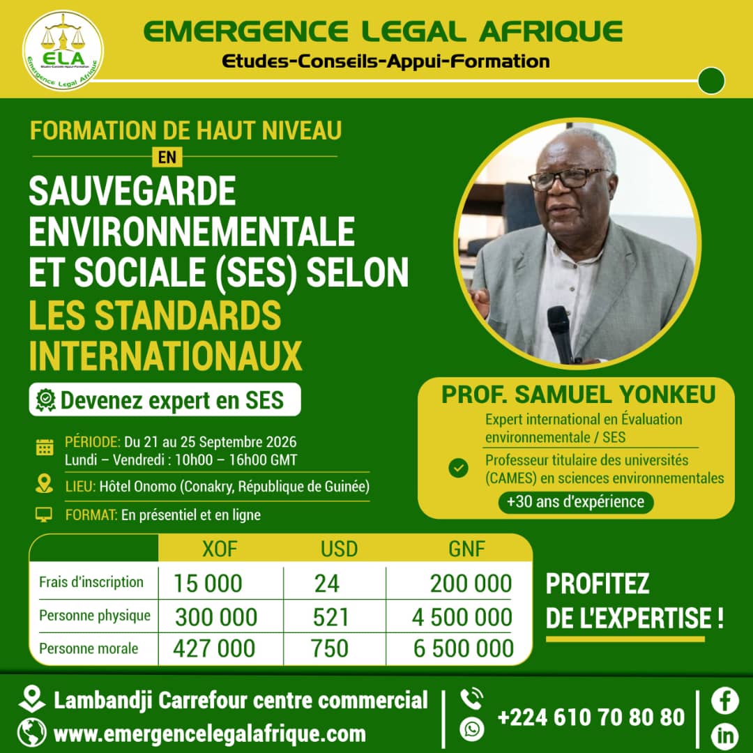 Affiche de la formation en sauvegarde environnementale et sociale, du 21 au 25 septembre 2026
